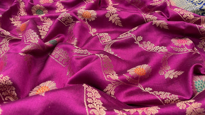 Faishana Pure Handloom Magenta Dupion Silk Floral Mina Jaal with Contrast Indigo Blue Silver Mina Golden Skirt Border and Indigo Blue Blouse