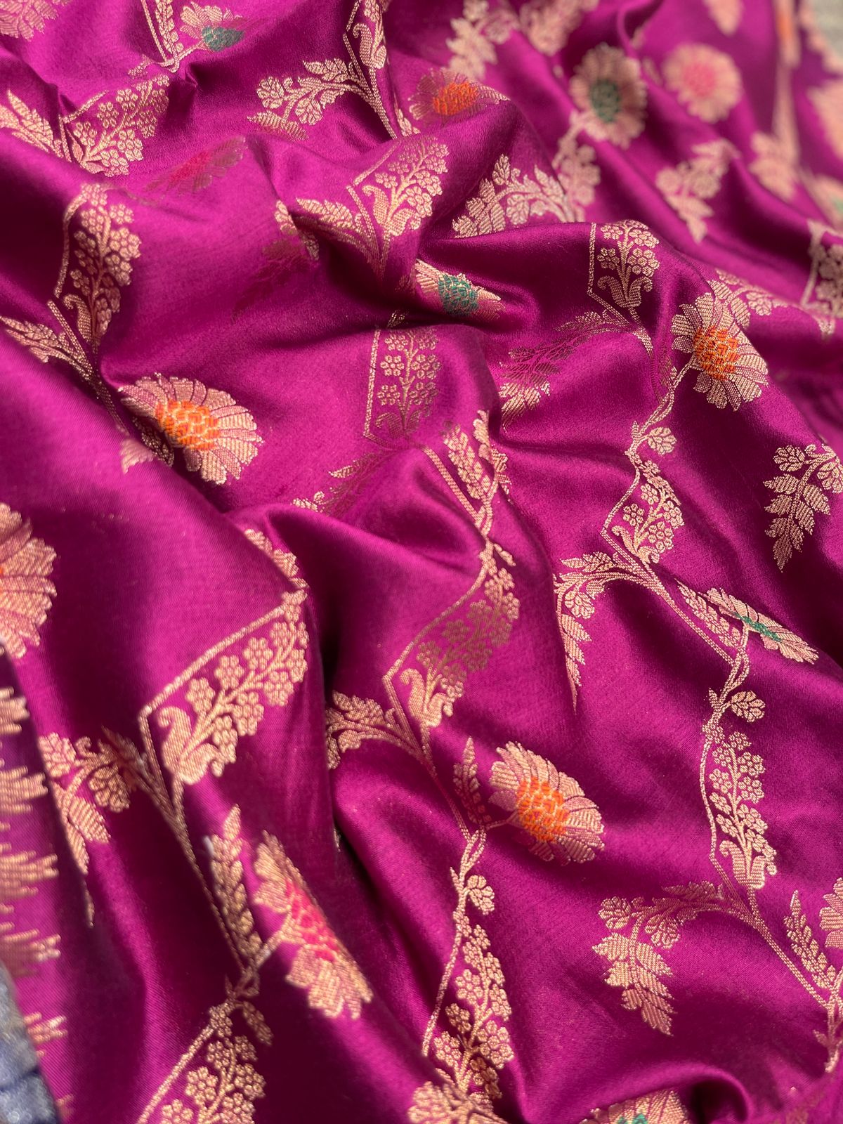 Faishana Pure Handloom Magenta Dupion Silk Floral Mina Jaal with Contrast Indigo Blue Silver Mina Golden Skirt Border and Indigo Blue Blouse