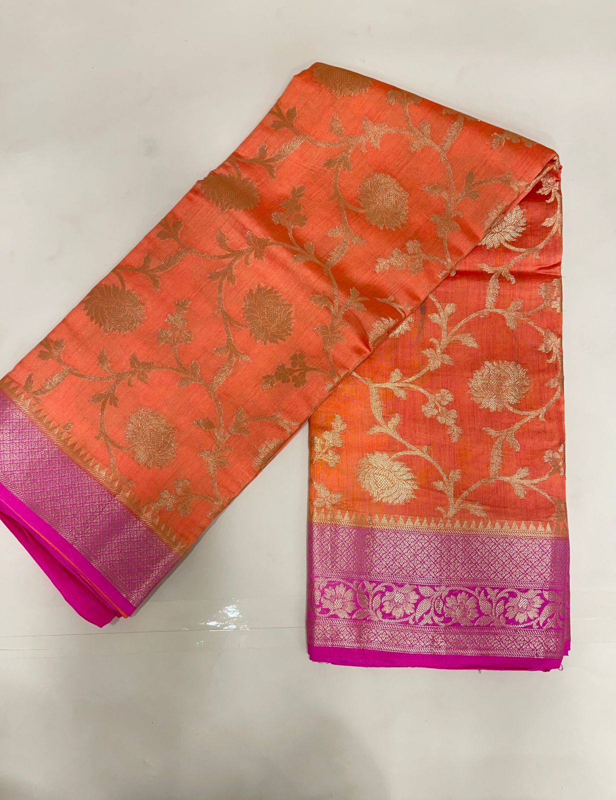 Faishana Pure Handloom Orange Chiniya Silk Floral Silver Zari Tilfi Jaal with Contrast Magenta Zari Border and Magenta Blouse