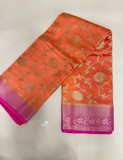 Faishana Pure Handloom Orange Chiniya Silk Floral Silver Zari Tilfi Jaal with Contrast Magenta Zari Border and Magenta Blouse