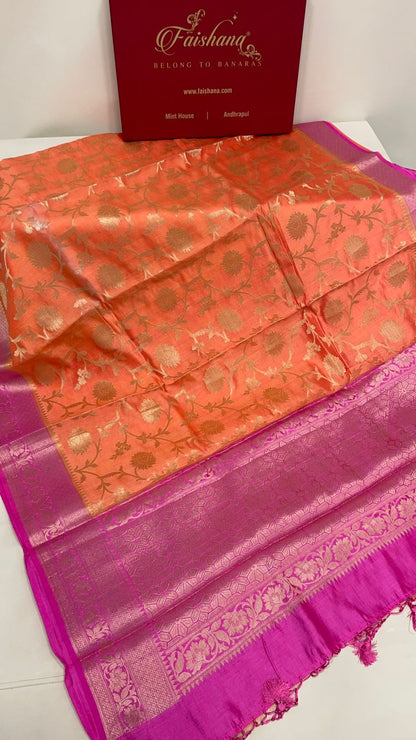 Faishana Pure Handloom Orange Chiniya Silk Floral Silver Zari Tilfi Jaal with Contrast Magenta Zari Border and Magenta Blouse
