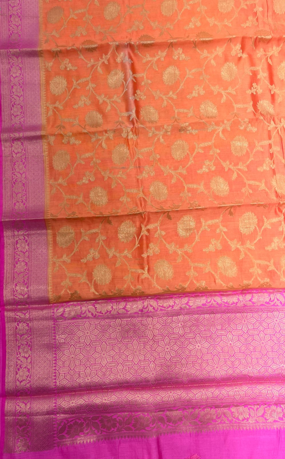 Faishana Pure Handloom Orange Chiniya Silk Floral Silver Zari Tilfi Jaal with Contrast Magenta Zari Border and Magenta Blouse