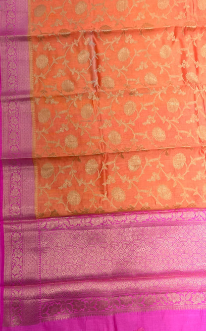Faishana Pure Handloom Orange Chiniya Silk Floral Silver Zari Tilfi Jaal with Contrast Magenta Zari Border and Magenta Blouse