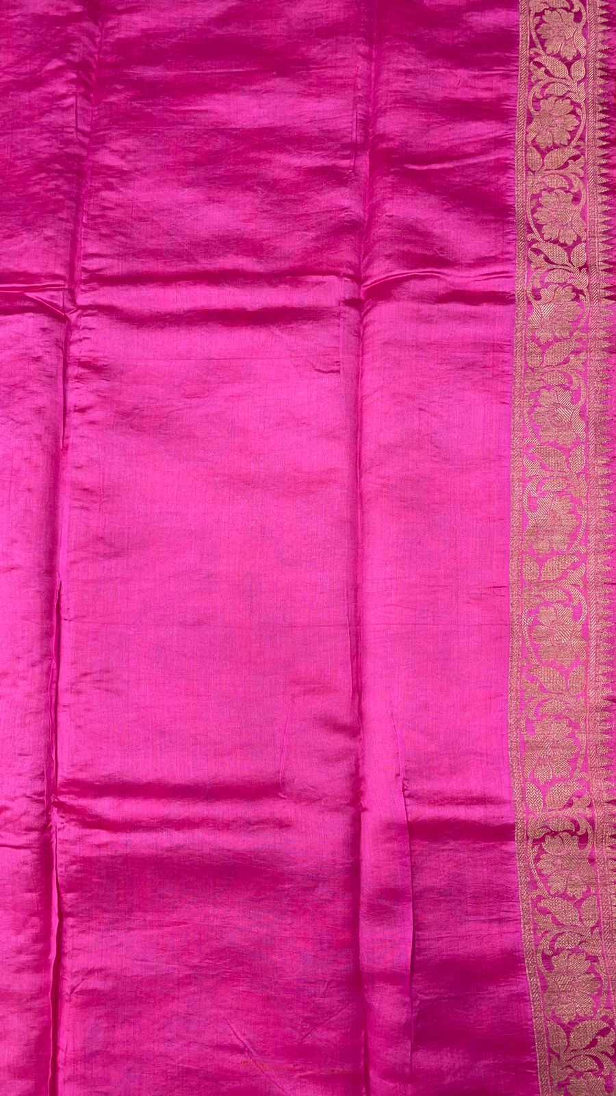 Faishana Pure Handloom Orange Chiniya Silk Floral Silver Zari Tilfi Jaal with Contrast Magenta Zari Border and Magenta Blouse