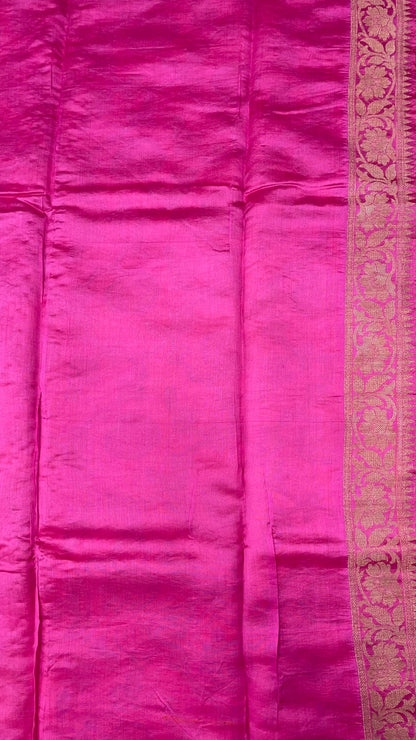 Faishana Pure Handloom Orange Chiniya Silk Floral Silver Zari Tilfi Jaal with Contrast Magenta Zari Border and Magenta Blouse