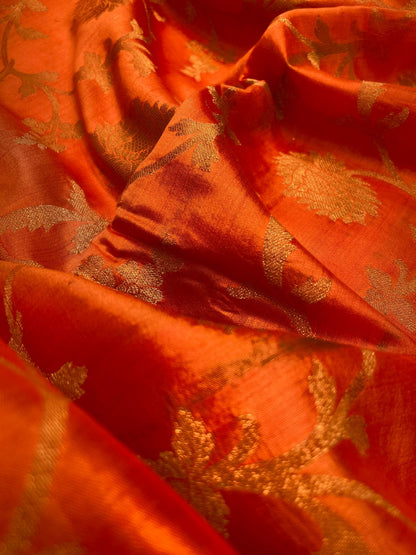 Faishana Pure Handloom Orange Chiniya Silk Floral Silver Zari Tilfi Jaal with Contrast Magenta Zari Border and Magenta Blouse