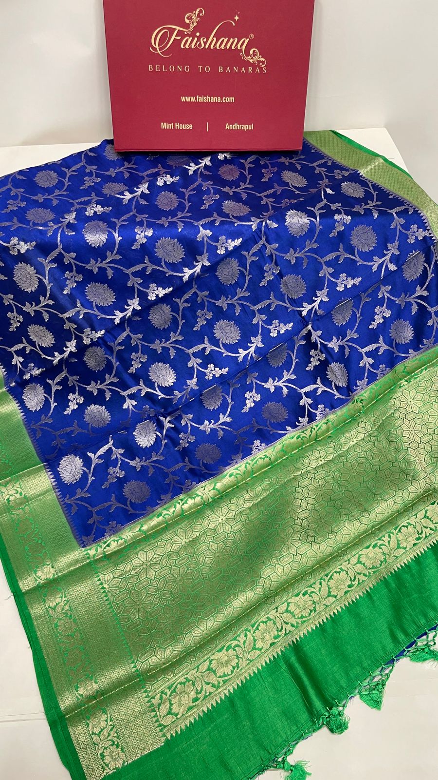 Faishana Pure Handloom Royal Blue Chiniya Silk Floral Silver Zari Tilfi Jaal with Contrast Green Zari Border and Green Blouse