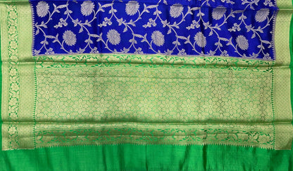 Faishana Pure Handloom Royal Blue Chiniya Silk Floral Silver Zari Tilfi Jaal with Contrast Green Zari Border and Green Blouse