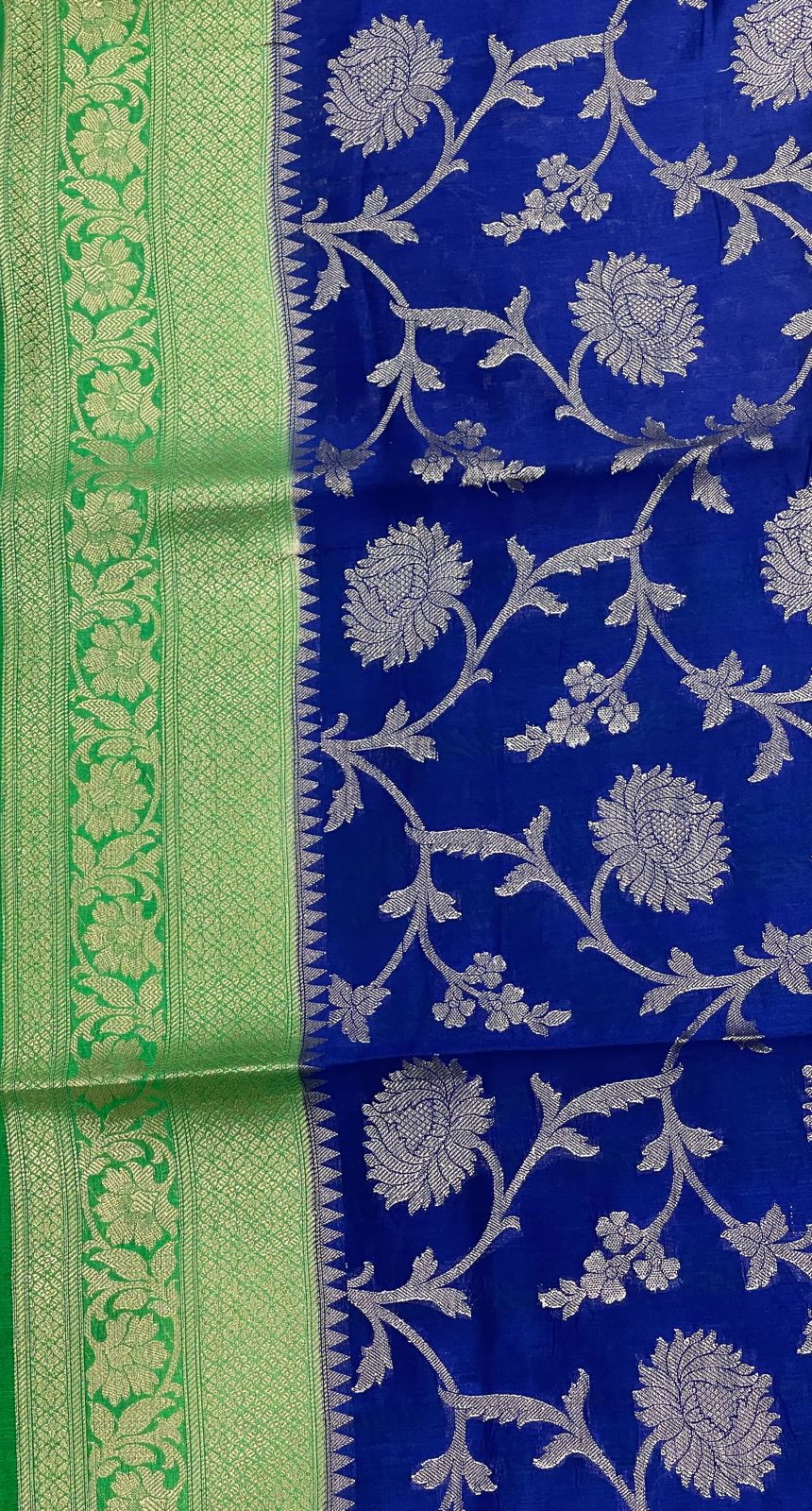 Faishana Pure Handloom Royal Blue Chiniya Silk Floral Silver Zari Tilfi Jaal with Contrast Green Zari Border and Green Blouse