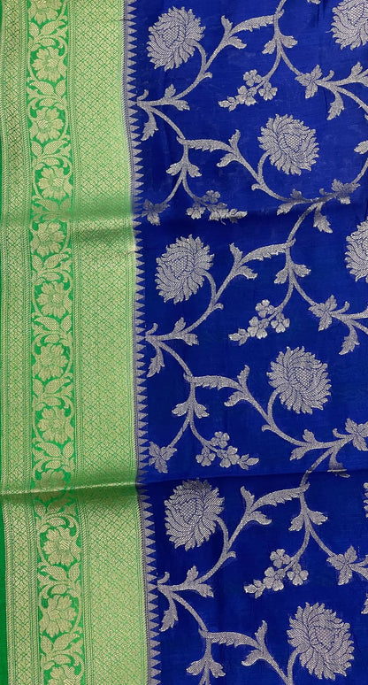 Faishana Pure Handloom Royal Blue Chiniya Silk Floral Silver Zari Tilfi Jaal with Contrast Green Zari Border and Green Blouse