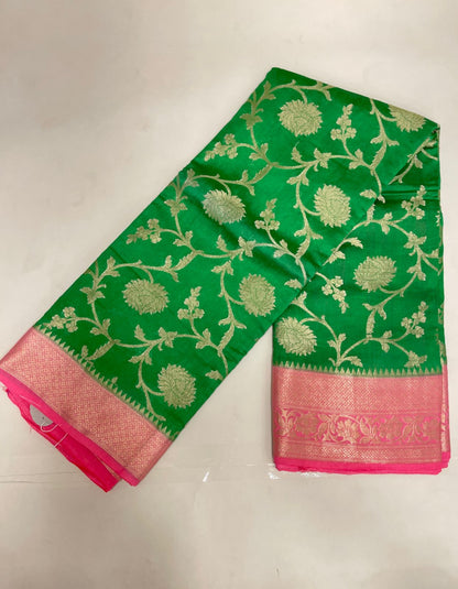Faishana Pure Handloom Light Green Chiniya Silk Floral Silver Zari Tilfi Jaal with Contrast Baby Pink Zari Border and Baby Pink Blouse