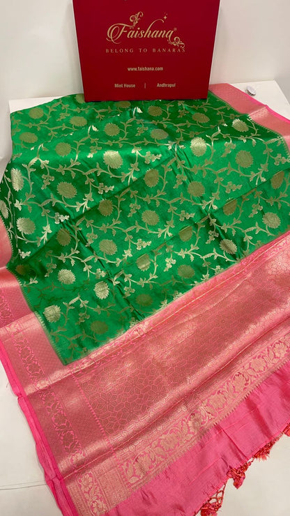 Faishana Pure Handloom Light Green Chiniya Silk Floral Silver Zari Tilfi Jaal with Contrast Baby Pink Zari Border and Baby Pink Blouse