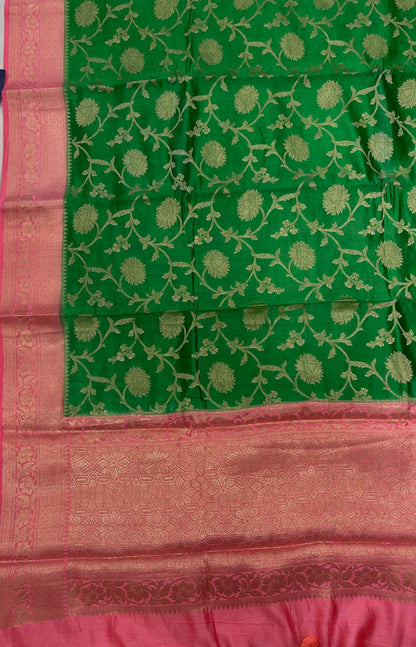 Faishana Pure Handloom Light Green Chiniya Silk Floral Silver Zari Tilfi Jaal with Contrast Baby Pink Zari Border and Baby Pink Blouse