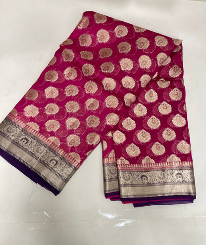 Faishana Pure Handloom Dark Pink Organza Floral Zari Booti with Contrast Purple Big Floral Boota Pallu Zari Border and Purple Blouse