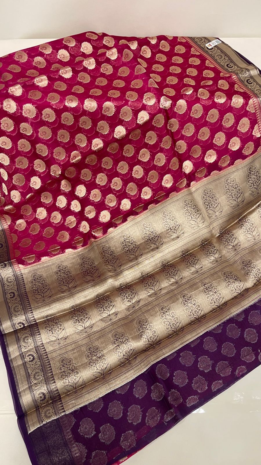 Faishana Pure Handloom Dark Pink Organza Floral Zari Booti with Contrast Purple Big Floral Boota Pallu Zari Border and Purple Blouse