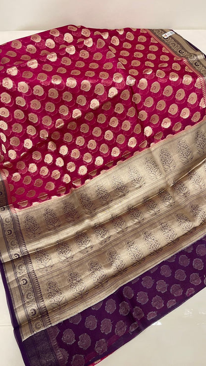 Faishana Pure Handloom Dark Pink Organza Floral Zari Booti with Contrast Purple Big Floral Boota Pallu Zari Border and Purple Blouse