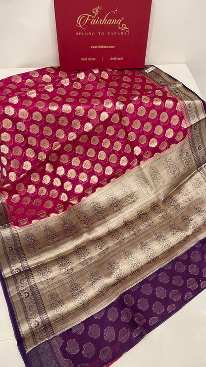 Faishana Pure Handloom Dark Pink Organza Floral Zari Booti with Contrast Purple Big Floral Boota Pallu Zari Border and Purple Blouse