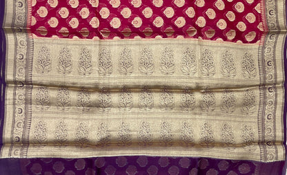 Faishana Pure Handloom Dark Pink Organza Floral Zari Booti with Contrast Purple Big Floral Boota Pallu Zari Border and Purple Blouse