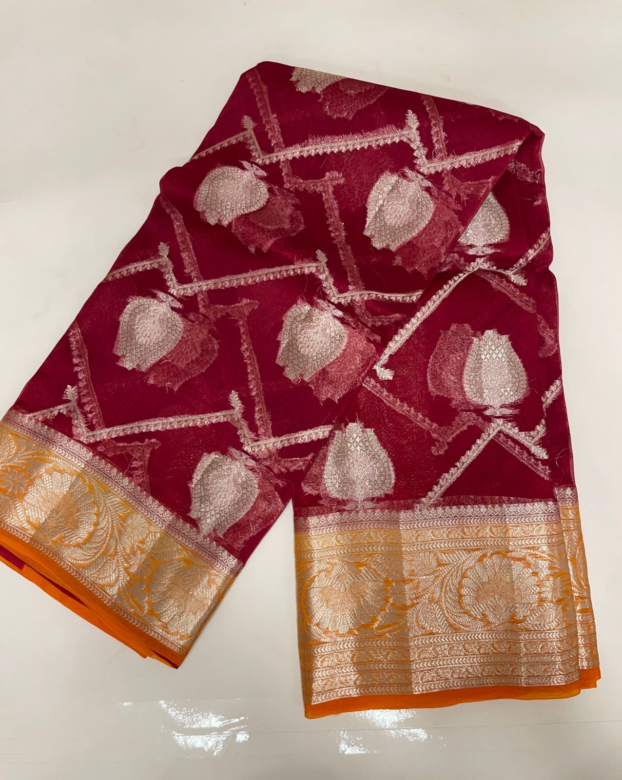 Faishana Pure Handloom Dark Pink Organza Floral Zari Booti Ada Stripe with Contrast Mustard Big Floral Boota Pallu Zari Border and Mustard Blouse