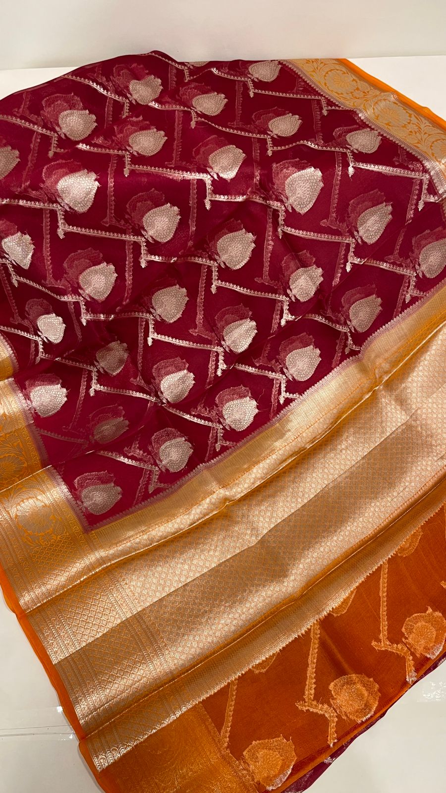 Faishana Pure Handloom Dark Pink Organza Floral Zari Booti Ada Stripe with Contrast Mustard Big Floral Boota Pallu Zari Border and Mustard Blouse