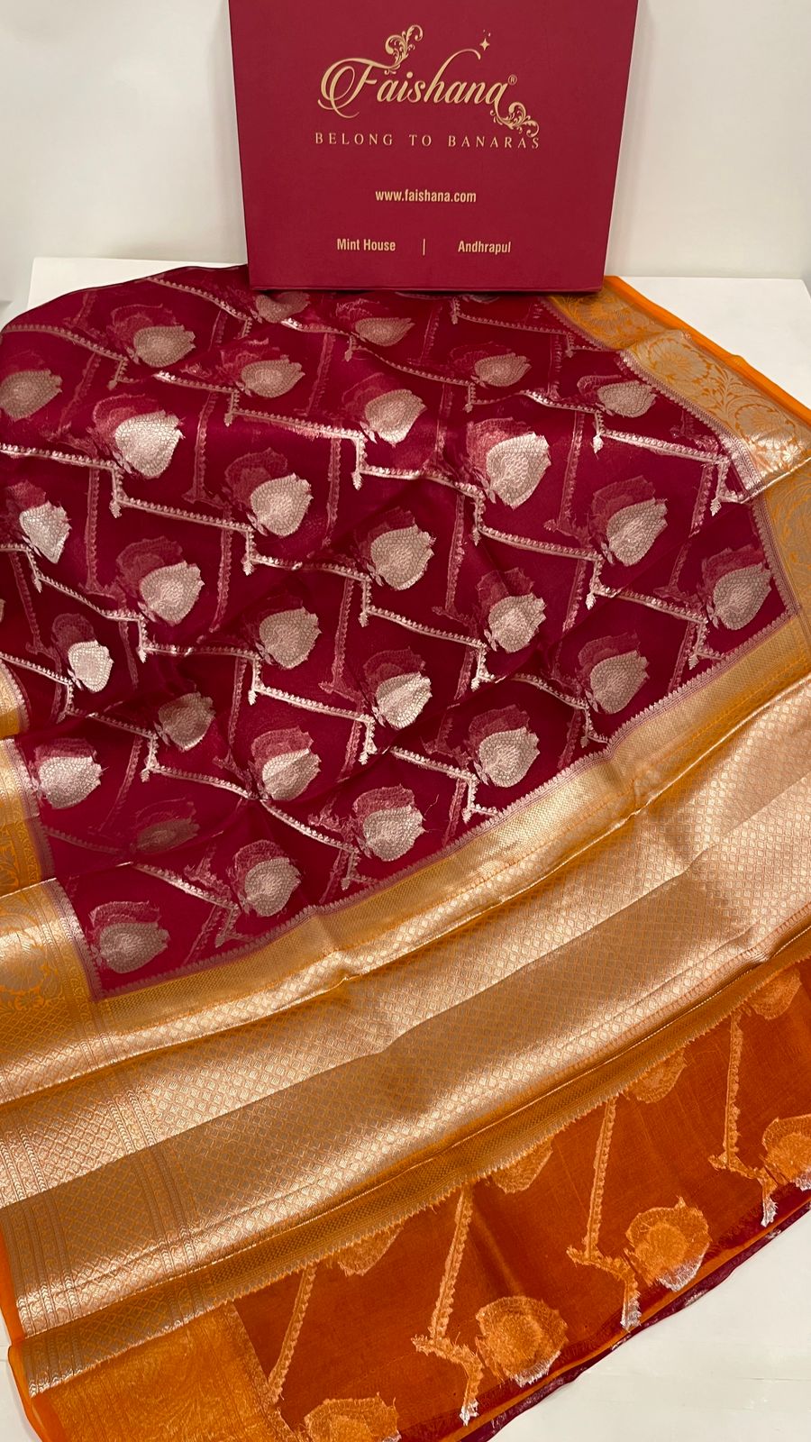 Faishana Pure Handloom Dark Pink Organza Floral Zari Booti Ada Stripe with Contrast Mustard Big Floral Boota Pallu Zari Border and Mustard Blouse