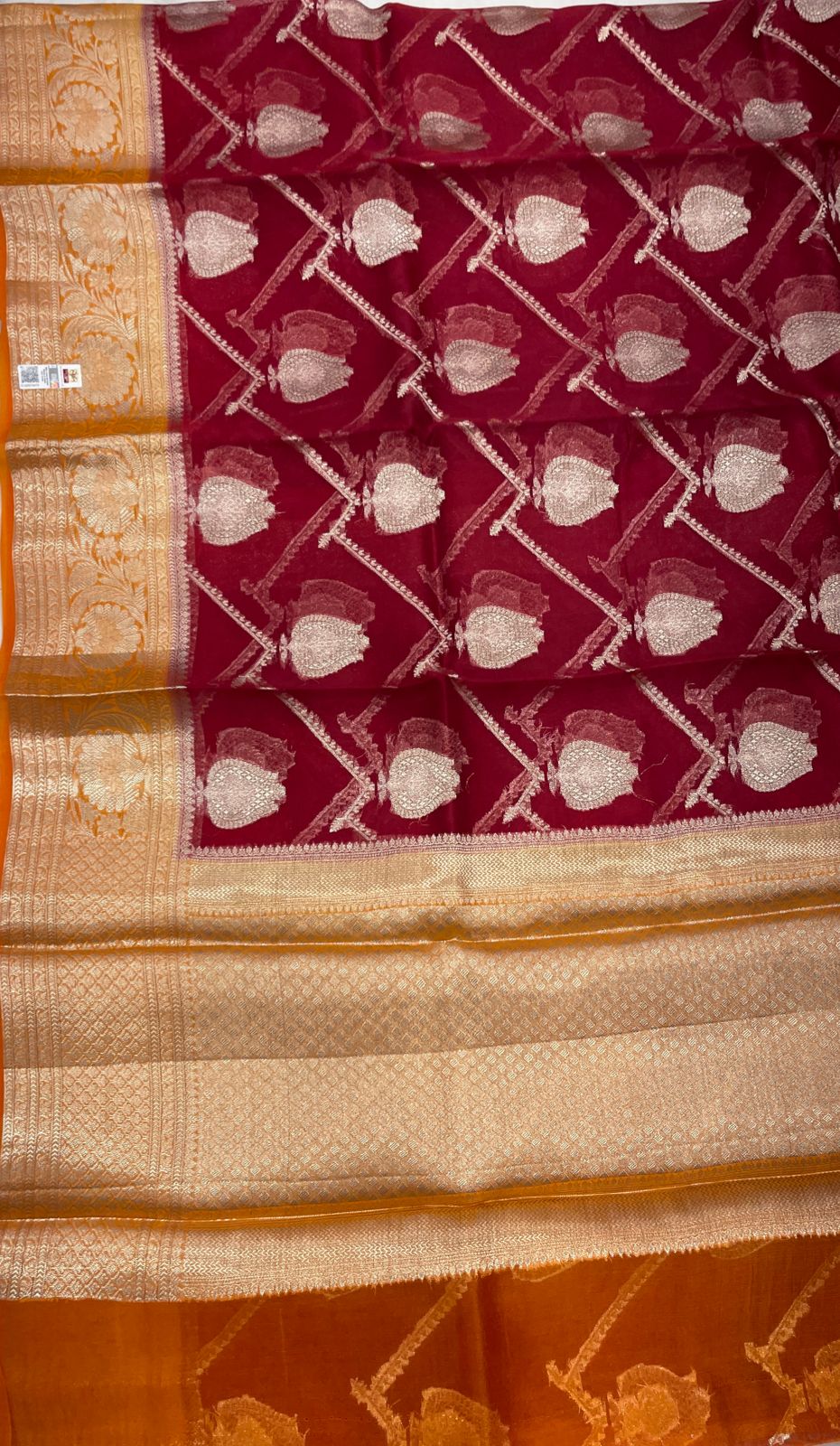 Faishana Pure Handloom Dark Pink Organza Floral Zari Booti Ada Stripe with Contrast Mustard Big Floral Boota Pallu Zari Border and Mustard Blouse
