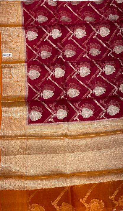 Faishana Pure Handloom Dark Pink Organza Floral Zari Booti Ada Stripe with Contrast Mustard Big Floral Boota Pallu Zari Border and Mustard Blouse