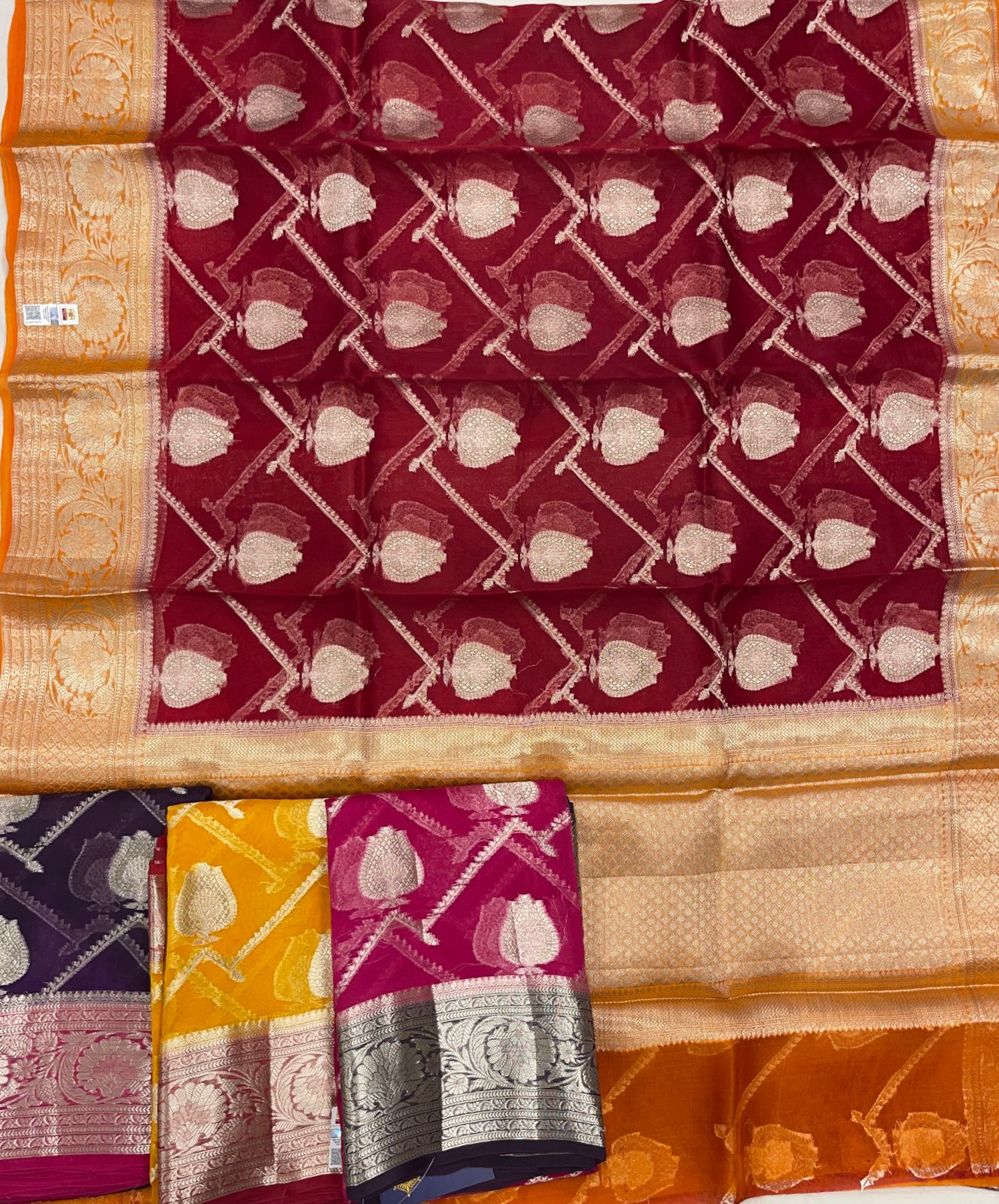 Faishana Pure Handloom Dark Pink Organza Floral Zari Booti Ada Stripe with Contrast Mustard Big Floral Boota Pallu Zari Border and Mustard Blouse