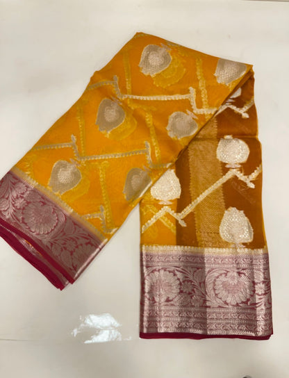 Faishana Pure Handloom Yellow Organza Floral Zari Booti Ada Stripe with Contrast Red Big Floral Boota Pallu Zari Border and Red Blouse