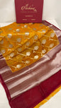 Faishana Pure Handloom Yellow Organza Floral Zari Booti Ada Stripe with Contrast Red Big Floral Boota Pallu Zari Border and Red Blouse