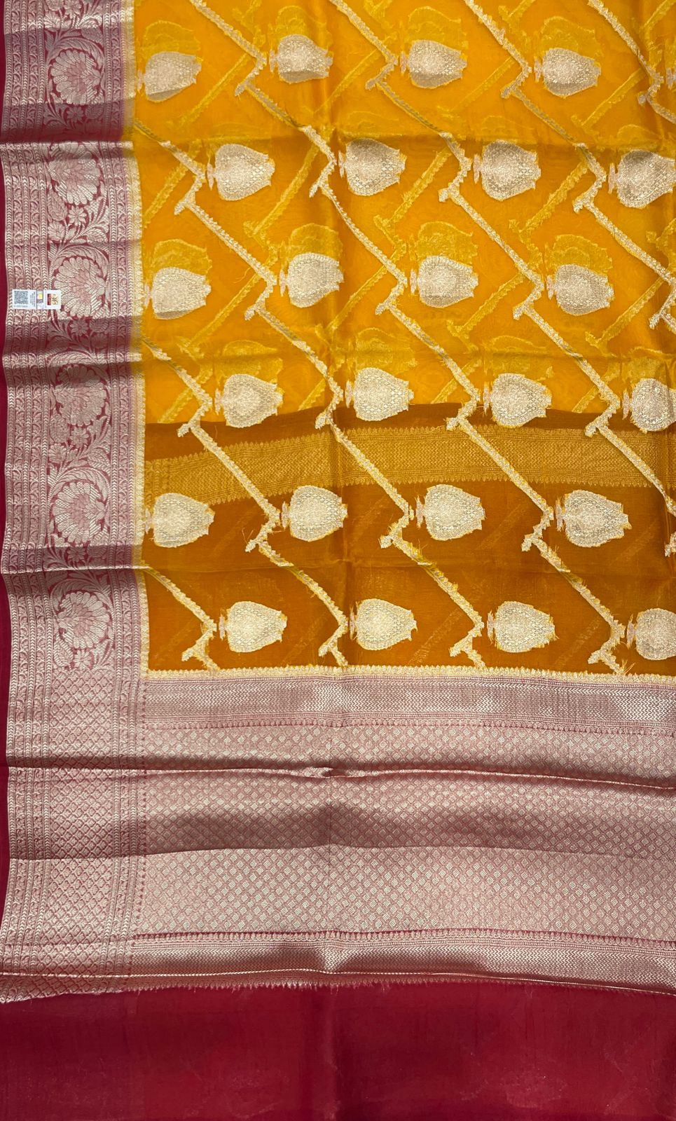 Faishana Pure Handloom Yellow Organza Floral Zari Booti Ada Stripe with Contrast Red Big Floral Boota Pallu Zari Border and Red Blouse