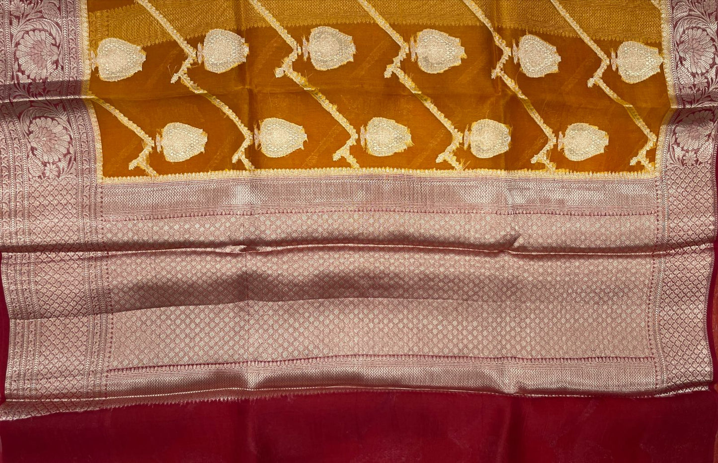 Faishana Pure Handloom Yellow Organza Floral Zari Booti Ada Stripe with Contrast Red Big Floral Boota Pallu Zari Border and Red Blouse