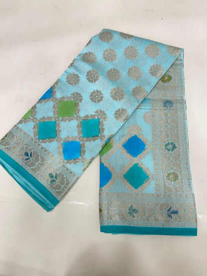 Faishana Pure Handloom Light Blue Cotton Silk Zari Booti with Rangkaat Banarasi Zari Hand Painted Floral Pallu and Zari Border with Light Blue Blouse