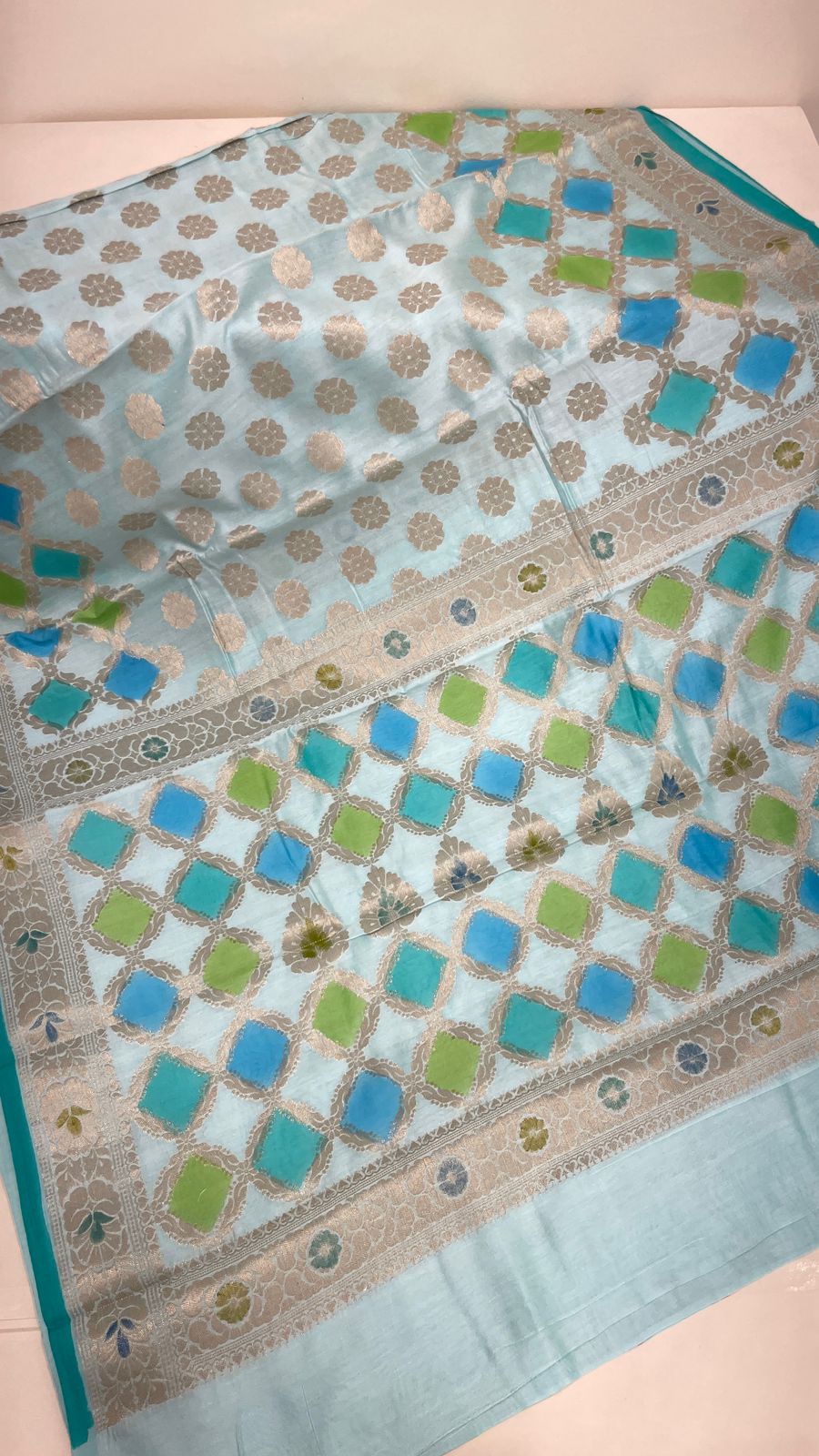 Faishana Pure Handloom Light Blue Cotton Silk Zari Booti with Rangkaat Banarasi Zari Hand Painted Floral Pallu and Zari Border with Light Blue Blouse