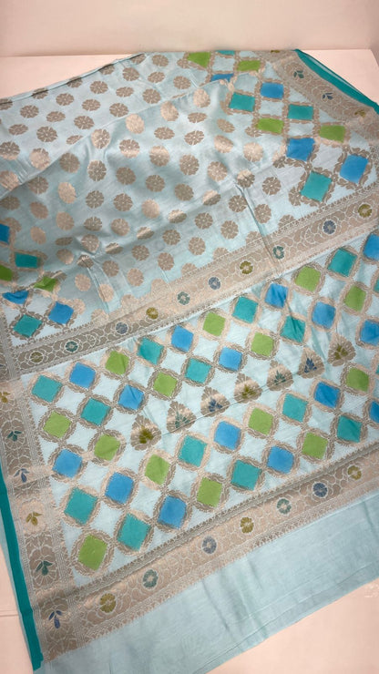 Faishana Pure Handloom Light Blue Cotton Silk Zari Booti with Rangkaat Banarasi Zari Hand Painted Floral Pallu and Zari Border with Light Blue Blouse