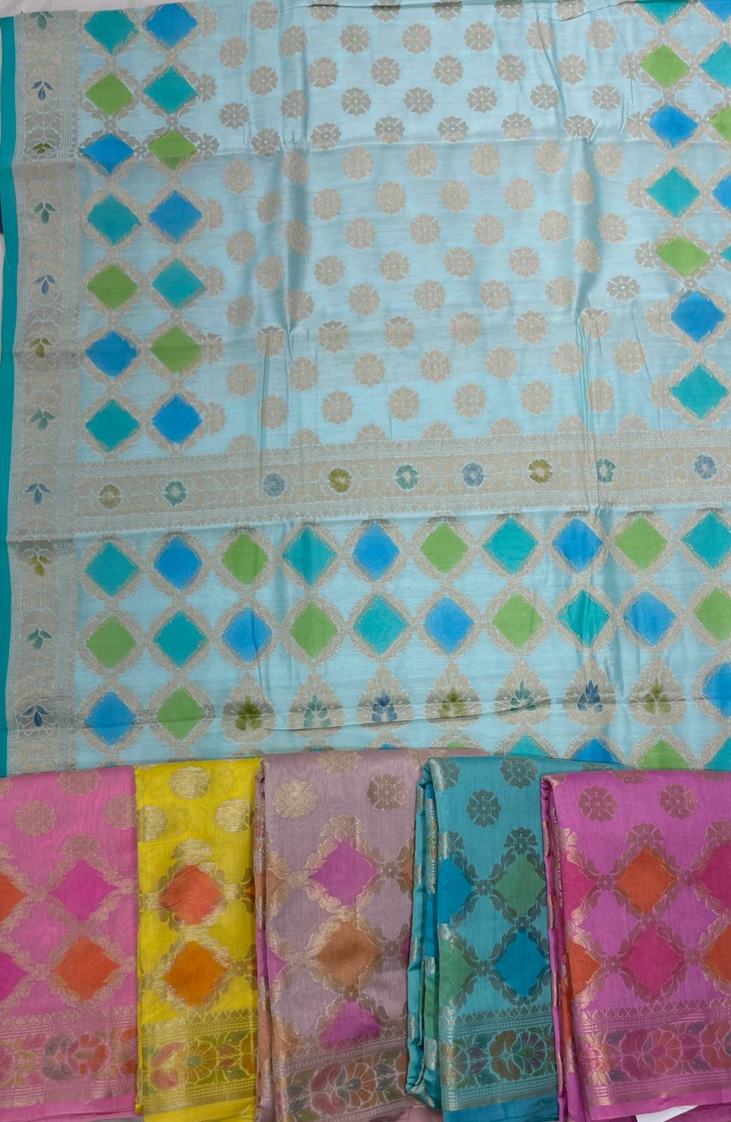 Faishana Pure Handloom Light Blue Cotton Silk Zari Booti with Rangkaat Banarasi Zari Hand Painted Floral Pallu and Zari Border with Light Blue Blouse