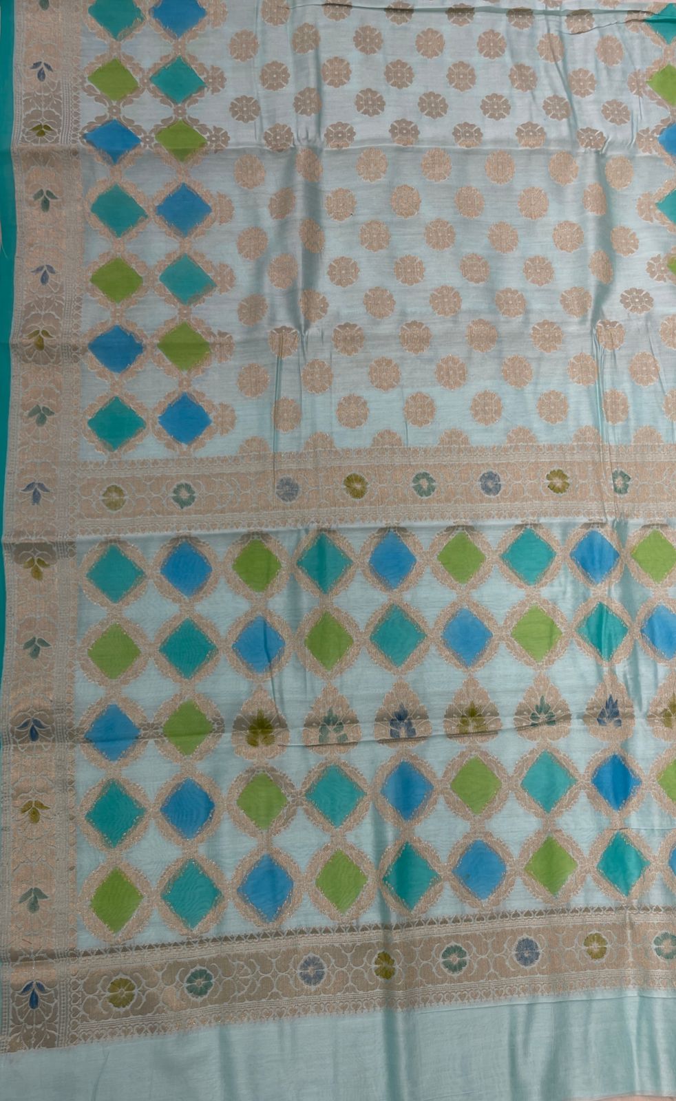 Faishana Pure Handloom Light Blue Cotton Silk Zari Booti with Rangkaat Banarasi Zari Hand Painted Floral Pallu and Zari Border with Light Blue Blouse