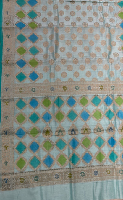 Faishana Pure Handloom Light Blue Cotton Silk Zari Booti with Rangkaat Banarasi Zari Hand Painted Floral Pallu and Zari Border with Light Blue Blouse