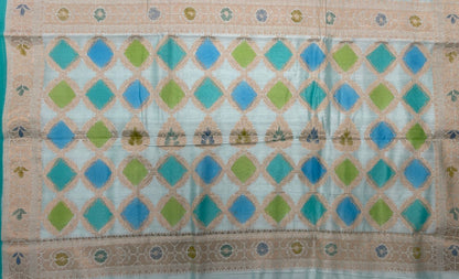Faishana Pure Handloom Light Blue Cotton Silk Zari Booti with Rangkaat Banarasi Zari Hand Painted Floral Pallu and Zari Border with Light Blue Blouse