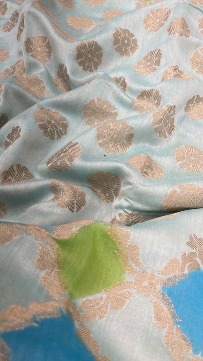 Faishana Pure Handloom Light Blue Cotton Silk Zari Booti with Rangkaat Banarasi Zari Hand Painted Floral Pallu and Zari Border with Light Blue Blouse