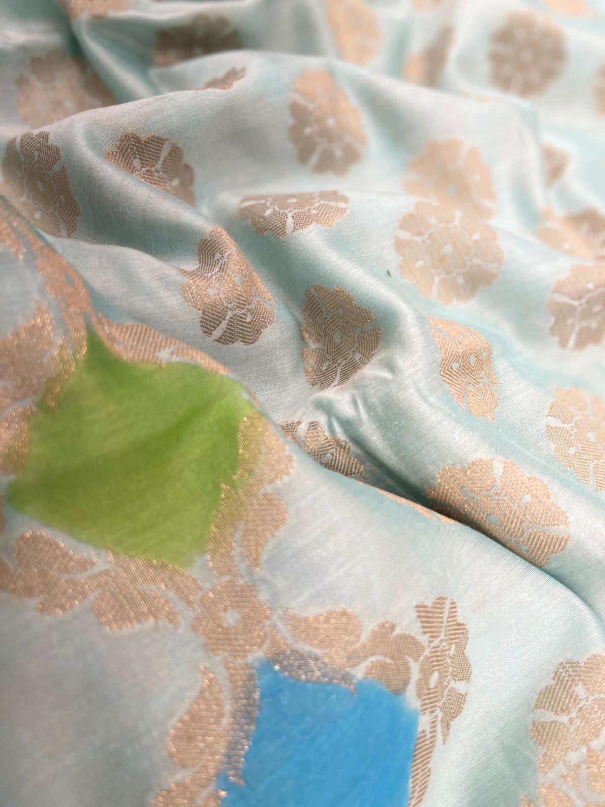 Faishana Pure Handloom Light Blue Cotton Silk Zari Booti with Rangkaat Banarasi Zari Hand Painted Floral Pallu and Zari Border with Light Blue Blouse