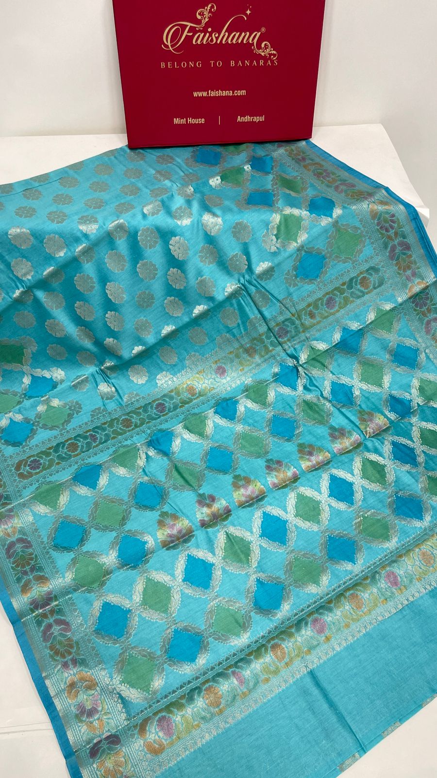 Faishana Pure Handloom Sky Blue Cotton Silk Zari Booti with Rangkaat Banarasi Zari Hand Painted Floral Pallu and Zari Border with Sky Blue Blouse