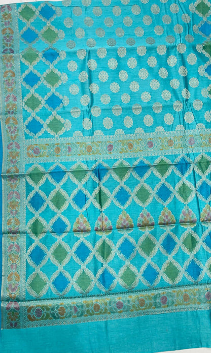 Faishana Pure Handloom Sky Blue Cotton Silk Zari Booti with Rangkaat Banarasi Zari Hand Painted Floral Pallu and Zari Border with Sky Blue Blouse