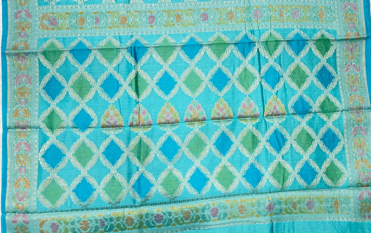 Faishana Pure Handloom Sky Blue Cotton Silk Zari Booti with Rangkaat Banarasi Zari Hand Painted Floral Pallu and Zari Border with Sky Blue Blouse
