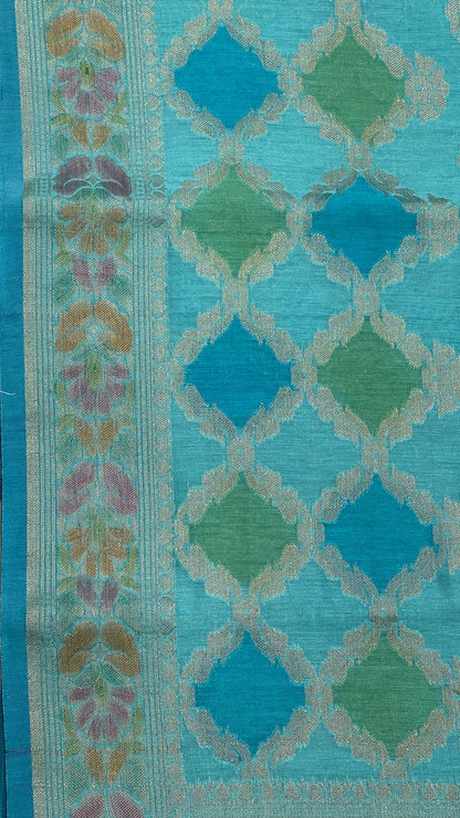 Faishana Pure Handloom Sky Blue Cotton Silk Zari Booti with Rangkaat Banarasi Zari Hand Painted Floral Pallu and Zari Border with Sky Blue Blouse