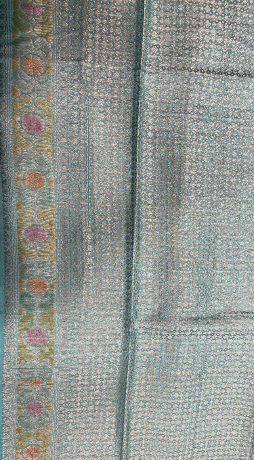 Faishana Pure Handloom Sky Blue Cotton Silk Zari Booti with Rangkaat Banarasi Zari Hand Painted Floral Pallu and Zari Border with Sky Blue Blouse