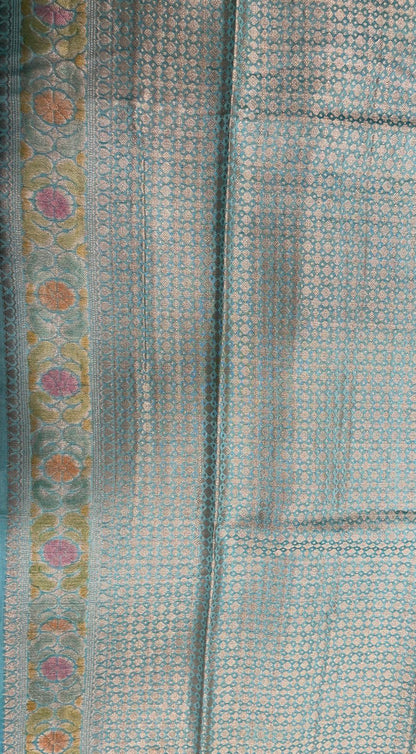 Faishana Pure Handloom Sky Blue Cotton Silk Zari Booti with Rangkaat Banarasi Zari Hand Painted Floral Pallu and Zari Border with Sky Blue Blouse
