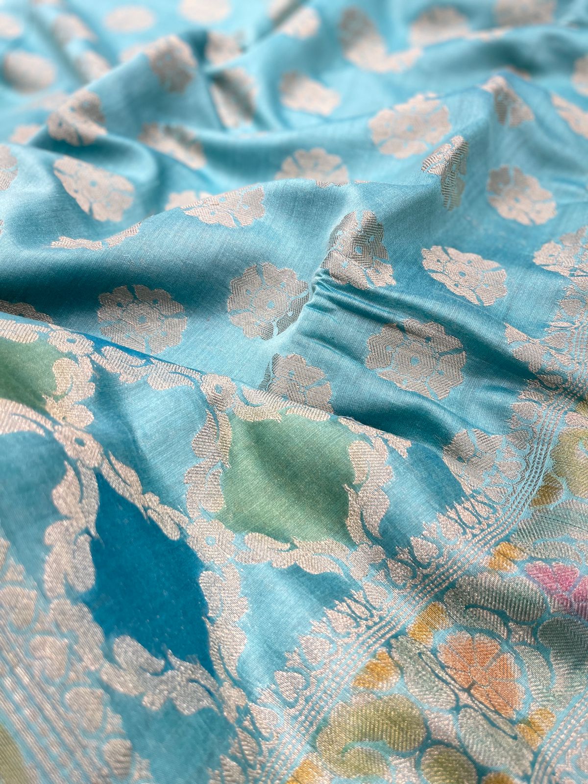 Faishana Pure Handloom Sky Blue Cotton Silk Zari Booti with Rangkaat Banarasi Zari Hand Painted Floral Pallu and Zari Border with Sky Blue Blouse
