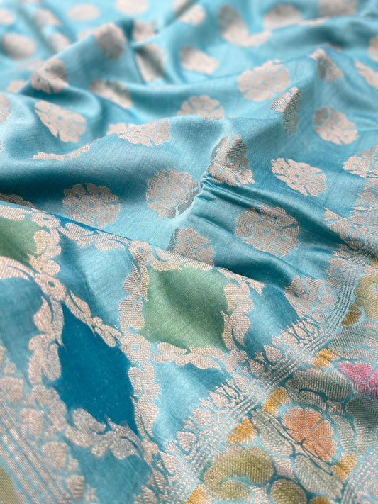 Faishana Pure Handloom Sky Blue Cotton Silk Zari Booti with Rangkaat Banarasi Zari Hand Painted Floral Pallu and Zari Border with Sky Blue Blouse