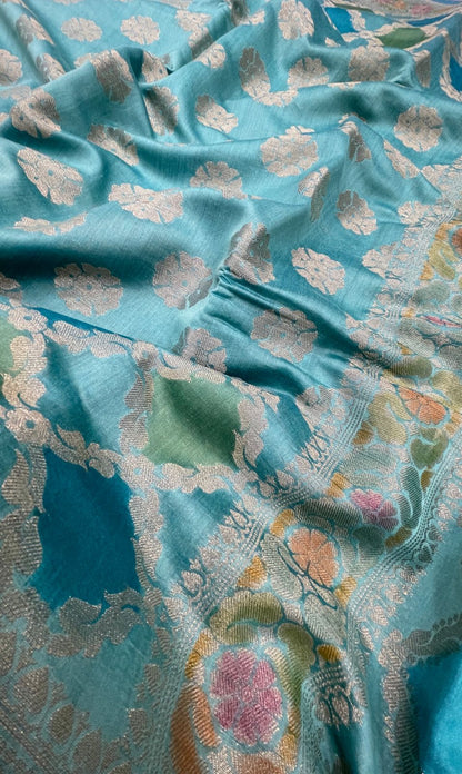 Faishana Pure Handloom Sky Blue Cotton Silk Zari Booti with Rangkaat Banarasi Zari Hand Painted Floral Pallu and Zari Border with Sky Blue Blouse